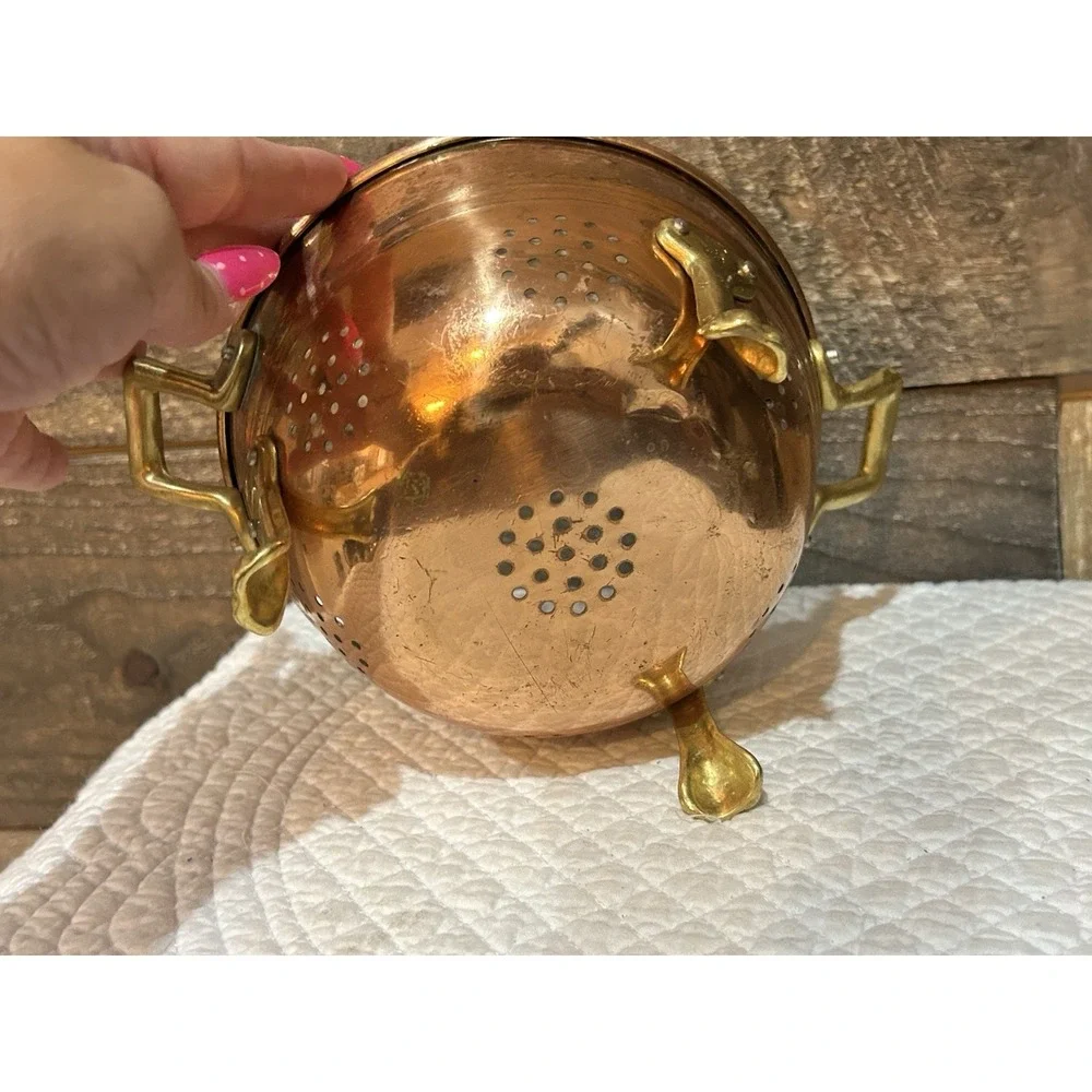Vintage Small Copper Footed Colander Berry Strainer Brass Feet Cottage Farmhouse